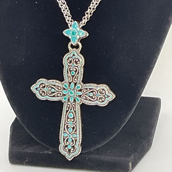 Brighton Double Strand Turquoise Enamel Cross Necklace - Picture 2 of 7